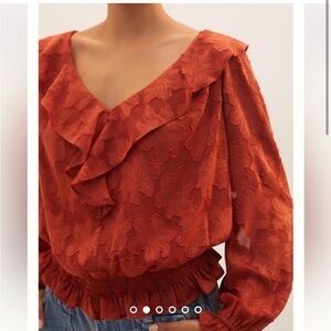 By Anthropologie Rust Orange/Red Blouse with Tie Back Double V Floral Texture